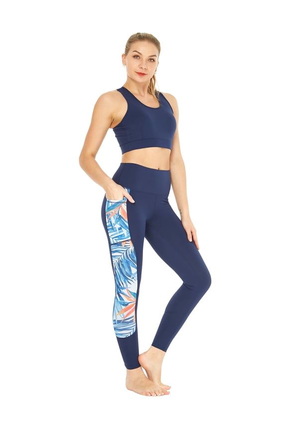 Women's Athletic Sportswear Solid Bra Top and Side Floral Legging Set in Firebird Blue White Medium