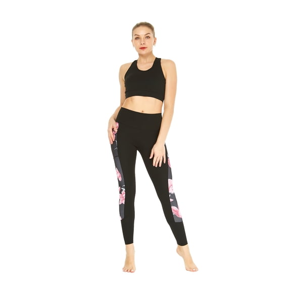 Women's Athletic Sportswear Solid Bra Top and Side Floral Legging Set in Lotus and Orchid Black X-Large