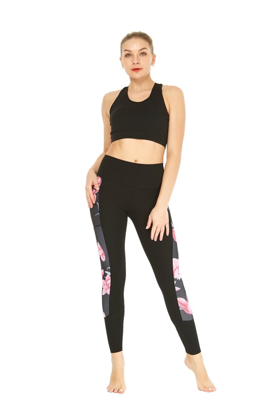 Women's Athletic Sportswear Solid Bra Top and Side Floral Legging Set in Lotus and Orchid Black X-Large