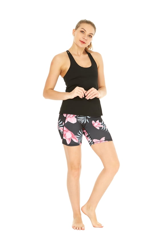 Women's Athletic Sportswear Solid Tank Top and Patterned Bike Shorts Set in Lotus and Orchid Black Small