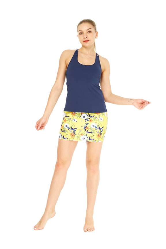 Women's Athletic Sportswear Solid Tank Top and Patterned Skorts with Tights Set in Garden Poppy Yellow Medium