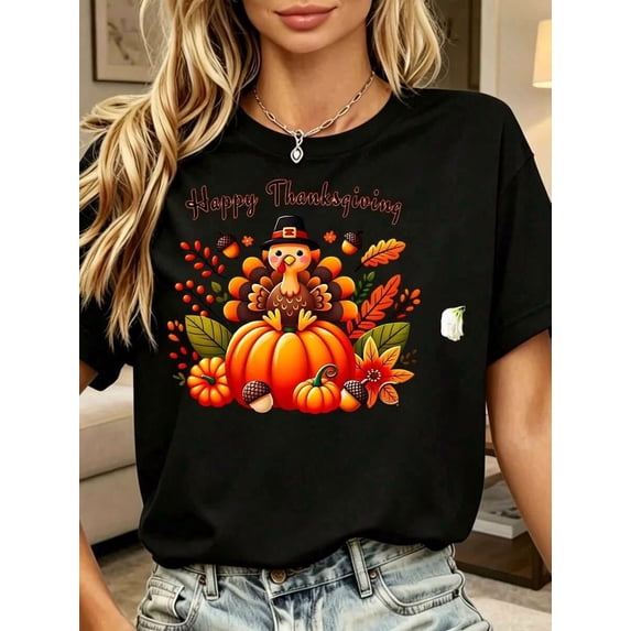 Women's Athletic Top, Turkey And Pumpkin Pattern, Happy Thanksgiving T-Shirt For Women,Outfit Women