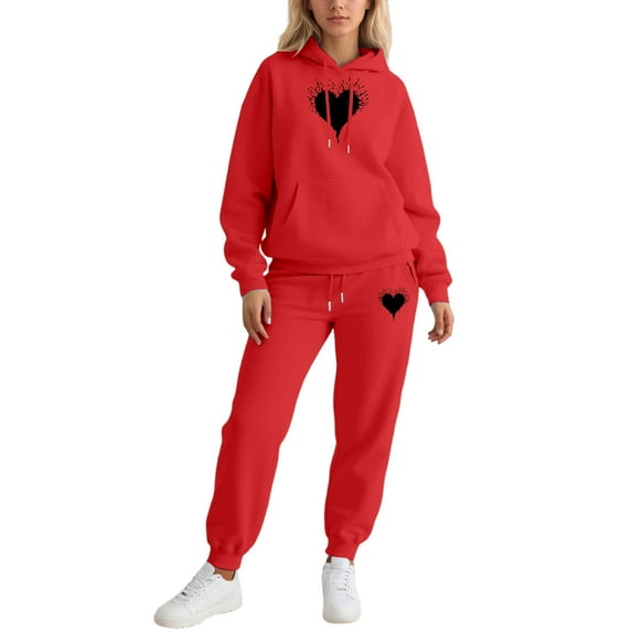 Women's Athletic Valentine's Day Sweatsuit - 2 Piece Funny Bow Graphic Hoodie Jogger Pants Outfit