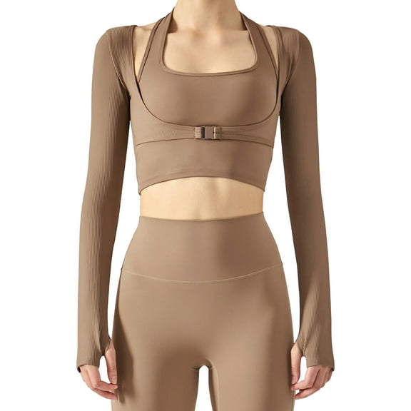 Women’s Athletic Yoga Tops Long Sleeve Cutout Sports Shirts Stretch Halter Neck Crop Tops Fake Two Piece Padded Bras Front Buckle Thumb Holes T-Shirts Outfits