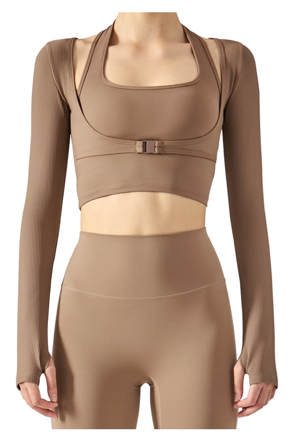 Women’s Athletic Yoga Tops Long Sleeve Cutout Sports Shirts Stretch Halter Neck Crop Tops Fake Two Piece Padded Bras Front Buckle Thumb Holes T-Shirts Outfits