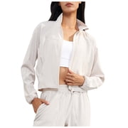Womens Athletic Zip Up Cropped Jacket Long Sleeve Workout Shirt Running Yoga Track Sun Top