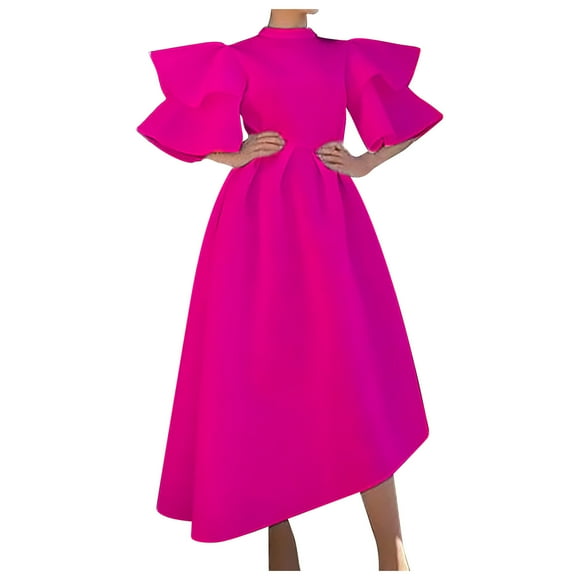 Women's Audrey Hepburn Style Elegant Swing Dresses Ladies Ruffle Sleeve Plus Size A Line Knee Lenght Cocktail Dress