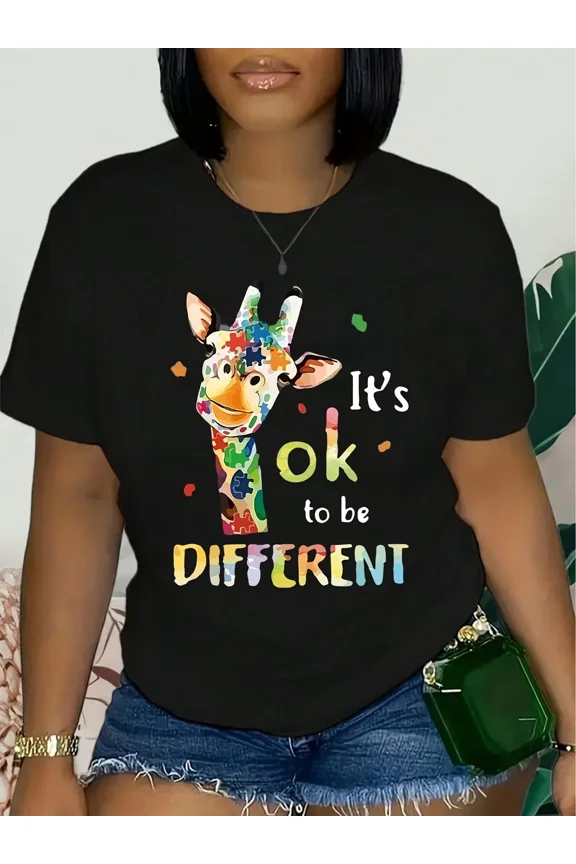 Women's Autism Awareness Giraffe Graphic Tee - Colorful Puzzle Piece Inspirational T-Shirt - It's OK to be Different Neurodiversity Support Top - Retro Casual Short Sleeve Apparel