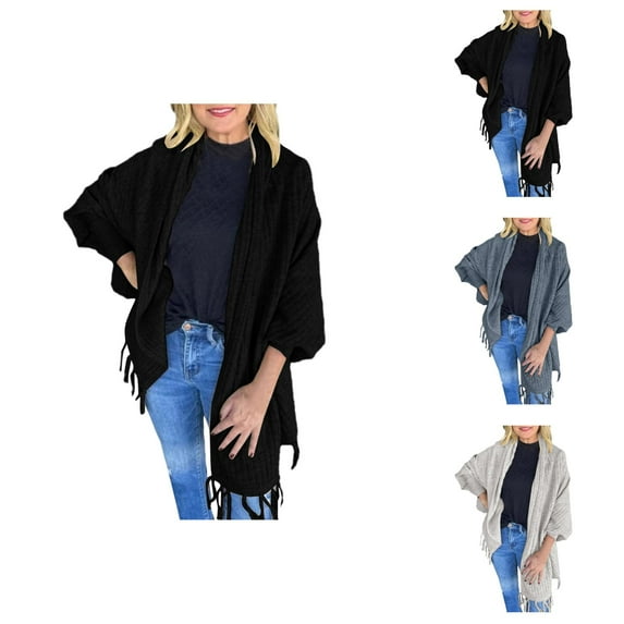 Women's Autumn And Winter Fashion Solid Color Knitted Fringed Cape Cardigan Coat Cardigan Sweaters for Women