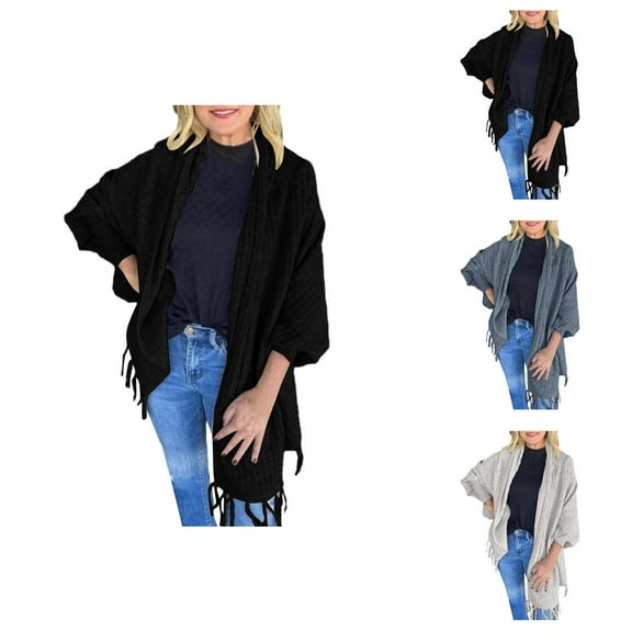 Women's Autumn And Winter Fashion Solid Color Knitted Fringed Cape Cardigan Coat Cardigan Sweaters for Women
