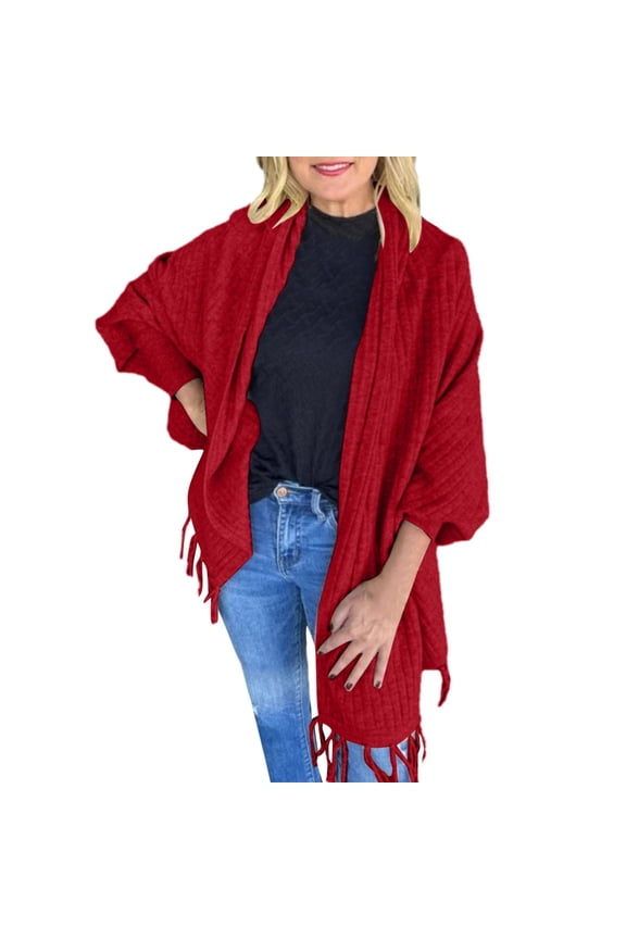 Women's Autumn And Winter Fashion Solid Color Knitted Fringed Cape Cardigan Coat