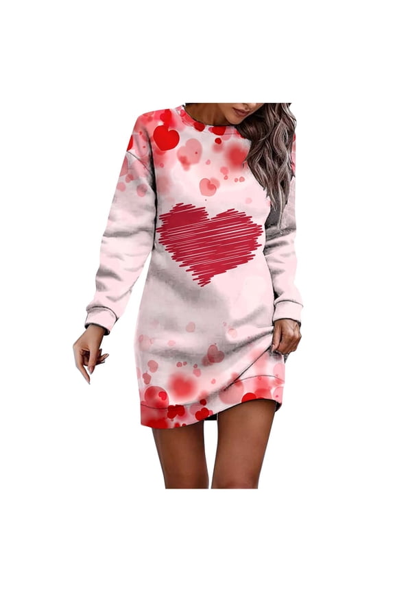 Women's Autumn And Winter Fashion Valentine's Day Print Round Neck Long Sleeved Pocket Casual Dress