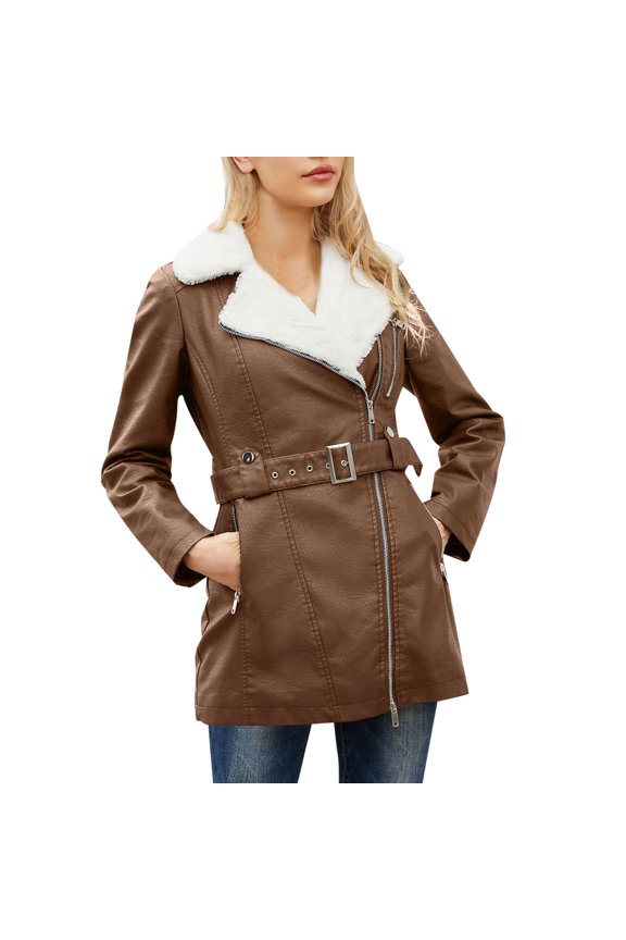 Women's Autumn And Winter New Long Sleeved Plus Leather Jacket Women's Lapel Double Head Zipper Belt Belt Warm Jacket