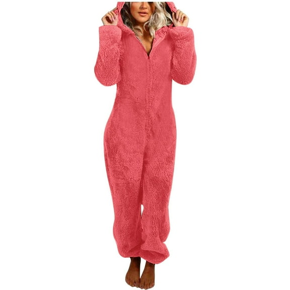 Women's Autumn And Winter Solid Color Long Sleeved Zipper Hooded Jumpsuit Pajamas For Home Wear