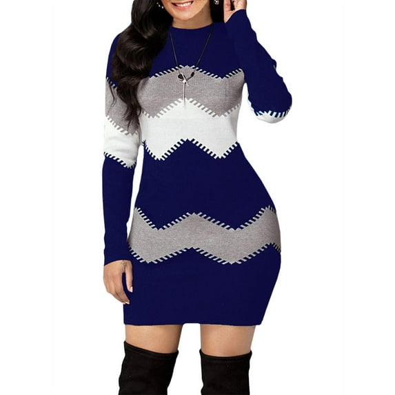 Women's Autumn And Winter Striped Printed Chunky Knit Sweater Dress