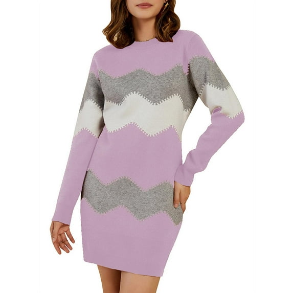 Women's Autumn And Winter Striped Printed Chunky Knit Sweater Dress