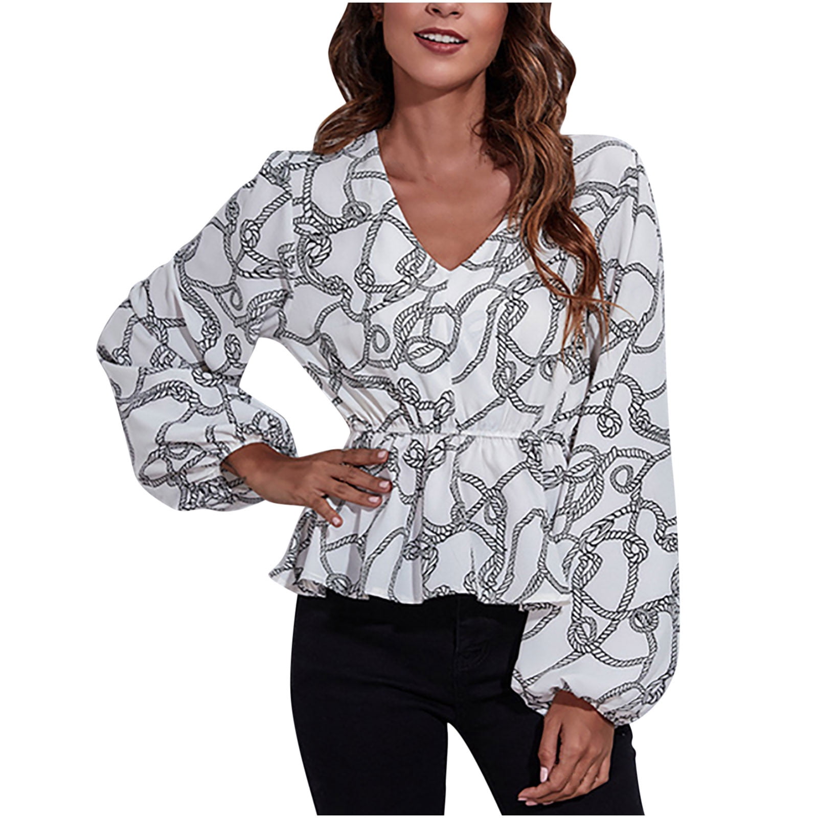Women's Autumn And Winter V-Neck Print Waist Lantern Sleeve Temperament Women's Top Plus Size Blouses Shirt Dressy for Fall