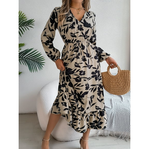 Women's Autumn Casual Dresses V Neck Lantern Long Sleeve Floral Printed Fluttering Long Dresses