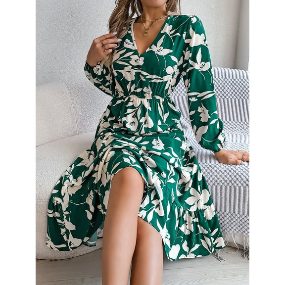 Women's Autumn Casual Dresses V Neck Lantern Long Sleeve Floral Printed Fluttering Long Dresses