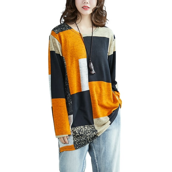Women's Autumn Casual Plaid Crewneck Long Sleeve Pullover T-Shirt Top GA2059 Orange