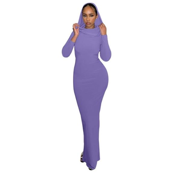 Women's Autumn Casual Slim Fit Hooded Bodycon Maxi Dress Elegant Solid Color Split Design Comfortable Stylish Long Dress