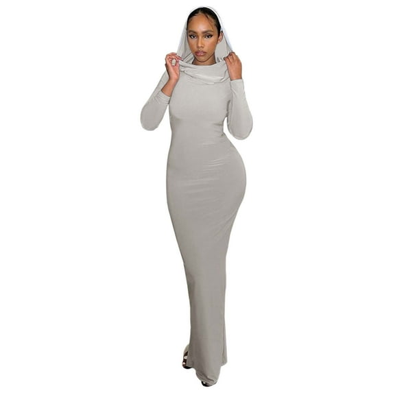 Women's Autumn Casual Slim Fit Hooded Bodycon Maxi Dress Elegant Solid Color Split Design Comfortable Stylish Long Dress