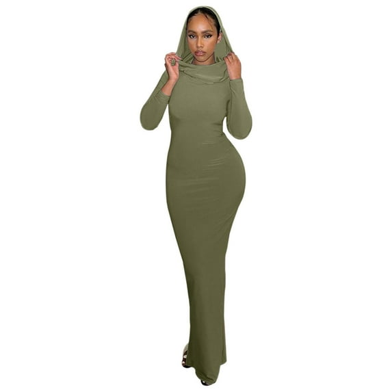 Women's Autumn Casual Slim Fit Hooded Bodycon Maxi Dress Elegant Solid Color Split Design Comfortable Stylish Long Dress