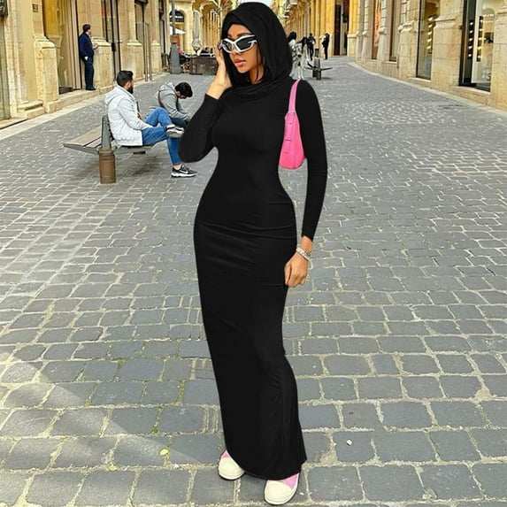 Women's Autumn Casual Solid Color Slim Fit Hooded Bodycon Split Maxi Dress Ladies Dresses Casual Sleeveless Knit Dresses for Women Floral Maxi Dresses Sleeveless Straight Dresses Denim Tunic Dress for