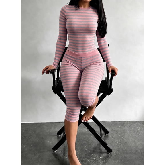 Women's Autumn Casual & Striped Colorblock Round Neck Long Sleeve Slim Fit Top And Low Waist Tight 7/8 Pants 2 Pieces Set, Women's 2 Pieces Set,
