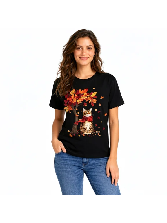 Women's Autumn Cat Graphic T-Shirt, Maple Tree Leaves Short Sleeve Tee