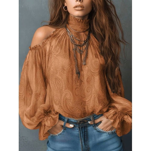 Women's Autumn Clothing, 1pc Cold Shoulder Printed Vintage Floral Chiffon Blouse, Semi-Sheer Long Sleeve Top Suitable For Summer And Autumn Wear,