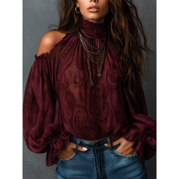 Women's Autumn Clothing, 1pc Cold Shoulder Printed Vintage Floral Chiffon Blouse, Semi-Sheer Long Sleeve Top Suitable For Summer And Autumn Wear,