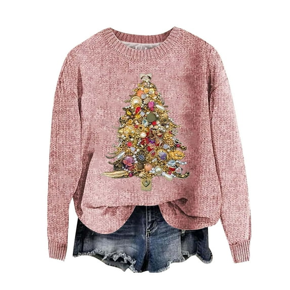 Women's Autumn Fashion Christmas Tree Sweater Dressy Crew Neck Christmas Sweaters Novelty Funny Pullover Top