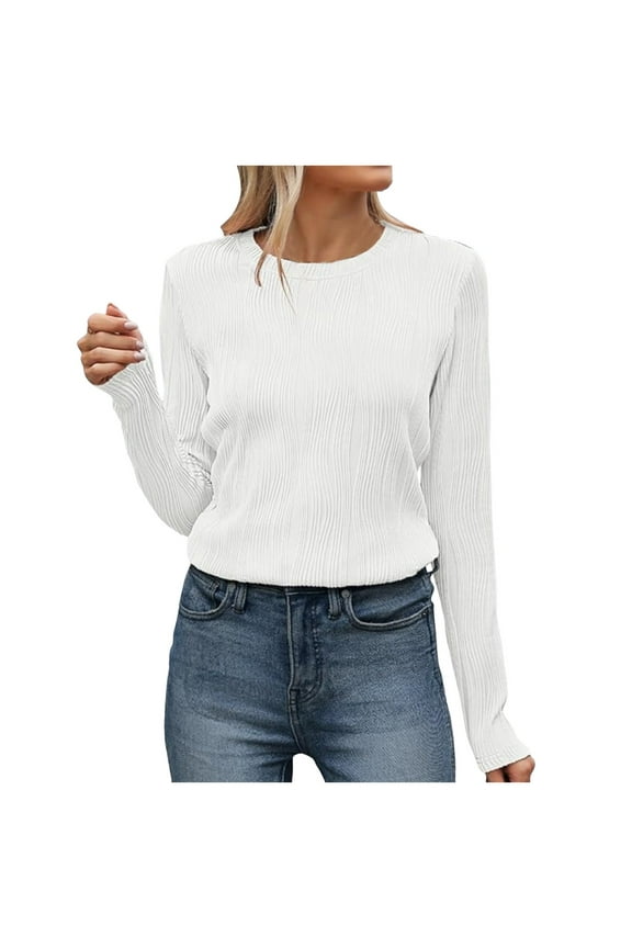Women's Autumn Fashion T Shirt Long Sleeve Textured Shirts Fall Crewneck Causal Trendy Tops