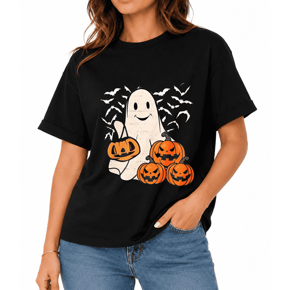 Women's Autumn Ghost Pumpkin Halloween Graphic T-Shirt, Fall Party Casual Short Sleeve Tee