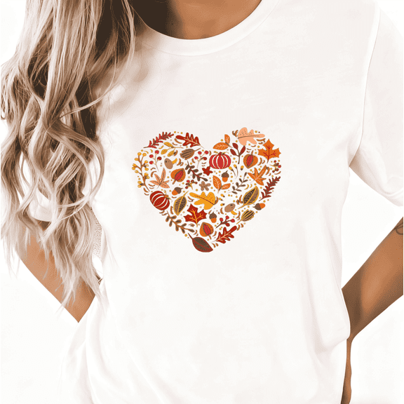 Women's Autumn Heart Floral Pumpkin Printed Crew Neck Cotton T Shirt White S-5XL