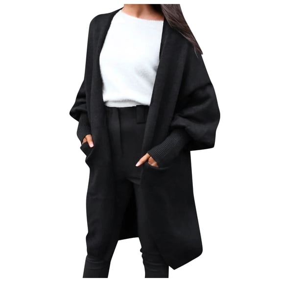 Women's Autumn Knit Cardigan Sweater Puff Sleeve Open Front Cozy Layering Pure Color Stylish No Buttons Lightweight Comfortable