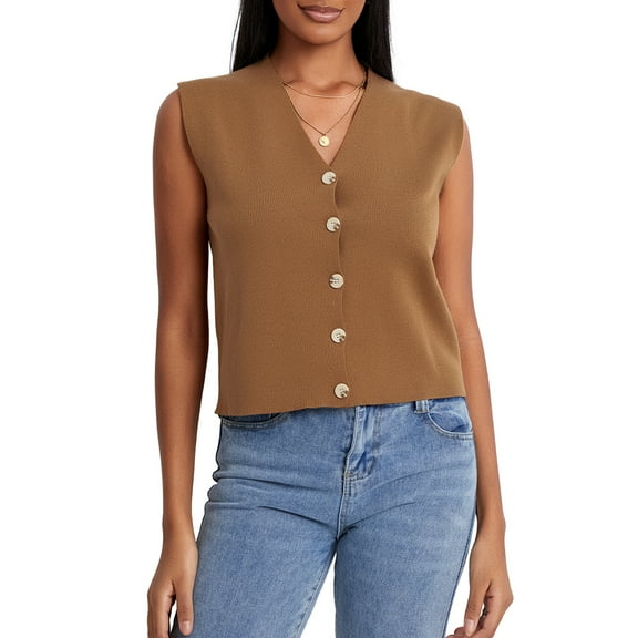 Women's Autumn Knit Sweater Vest Solid Color V Neck Single-breasted Knitwear Vest