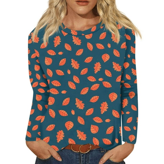 Women's Autumn Leaf Print Long Sleeve T-Shirt, Casual Fall Fashion Crew Neck Tops, Comfortable and Stylish