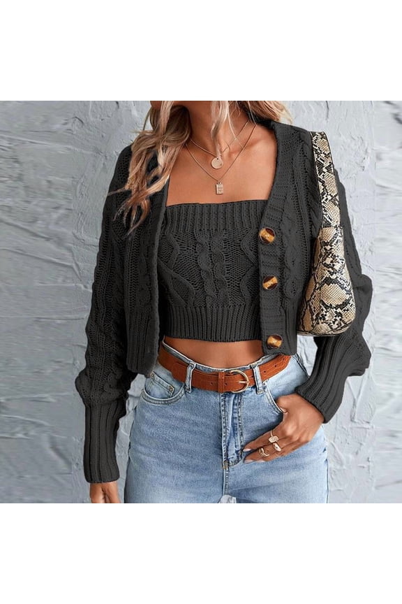 Women's Autumn Long Cardigan Sweater and Vest, Lightweight Cardigan Loose Long Sleeved Knitted Button Cardigan Sweater 2-Piece SetSportswear Crop Top Cardigan Sweater for Women