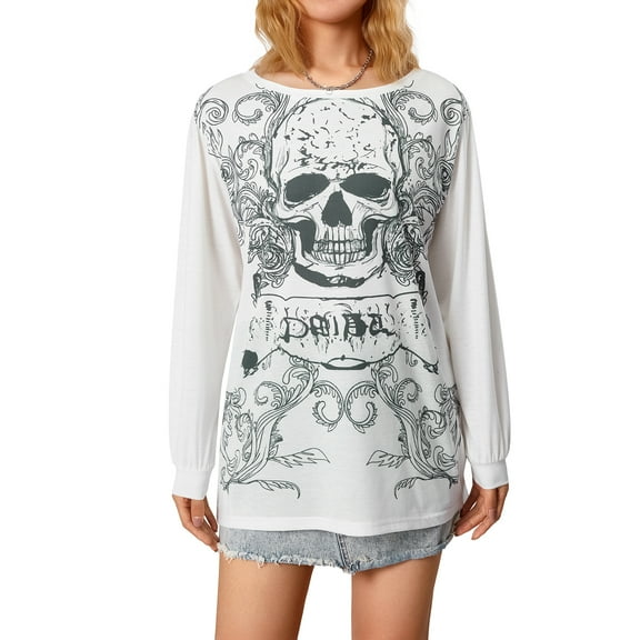 Women´s Autumn Loose Tops, Skull Bone Print Slant Shoulder Long Sleeve Oversized T-Shirt