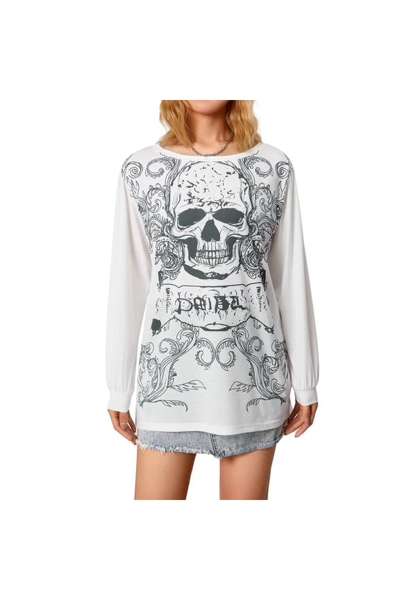 Women´s Autumn Loose Tops, Skull Bone Print Slant Shoulder Long Sleeve Oversized T-Shirt