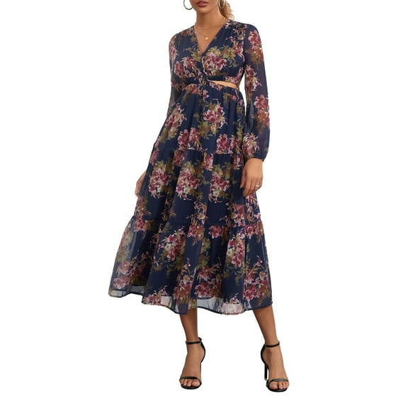 Women's Autumn Midi Party Dresses Long Sleeve V Neck Cutout Floral Beach Dresses