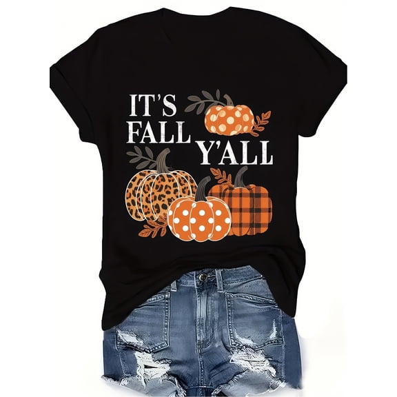 Women's Autumn Pattern TShirt IT's FALL Y'ALL Pumpkin Theme Top Black with Orange and Beige Plaid Pumpkin Pattern Casual Everyday Shirt for Halloween Thanksgiving