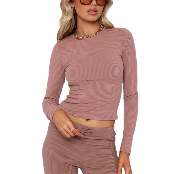 Women's Autumn Slim Tops, Solid Color Ribbed Long Sleeve Round Neck Cropped T-shirt
