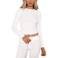 thumbnail image 1 of Women's Autumn Slim Tops, Solid Color Ribbed Long Sleeve Round Neck Cropped T-shirt, 1 of 10
