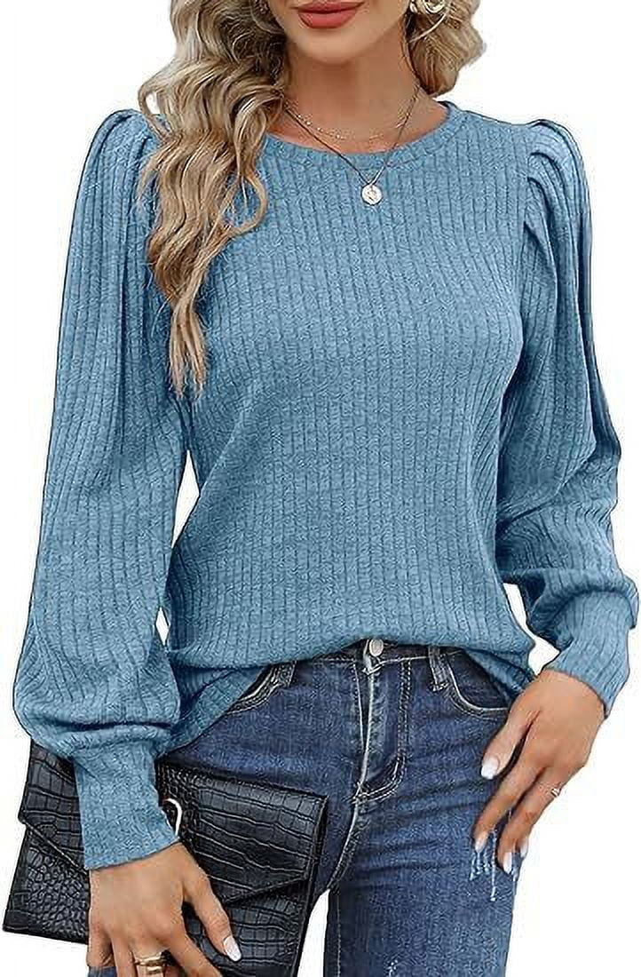 Women's Autumn Soft Puff Long Sleeve Shirt Solid Color Pit Strip ...