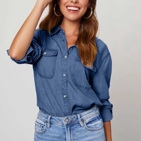 Women's Autumn Solid Color Denim Shirt, Comfortable Casual Long Sleeve Collar Shirt with Buttons, Stylish Fall Fashion Top for Daily Wear Dark Blue XXL