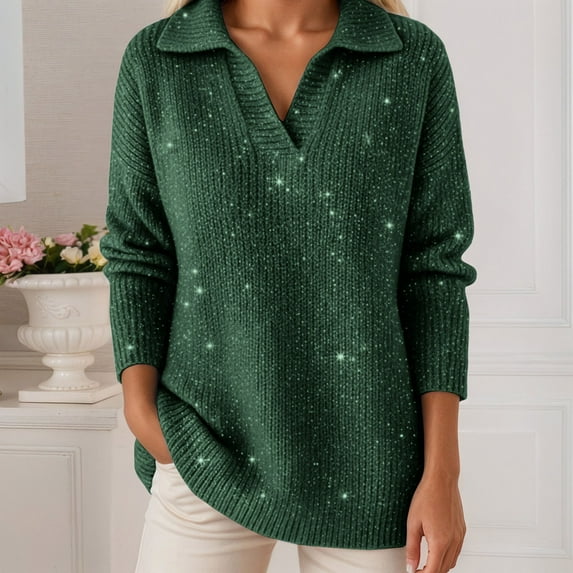 Women's Autumn Sweater Sparkly Soft Pullover Sweater (Green XXXL)