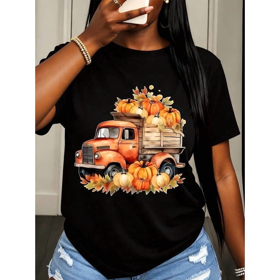 Women's Autumn Thanksgiving T-Shirt With Vintage Orange Truck And Pumpkins Graphic Casual Fall Season Wear Gift For Mom Wife Friend